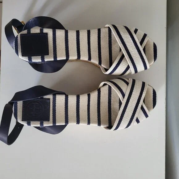 Tory Burch karissa Espadrille wedge navy stripe size 8B - Picture 4 of 8